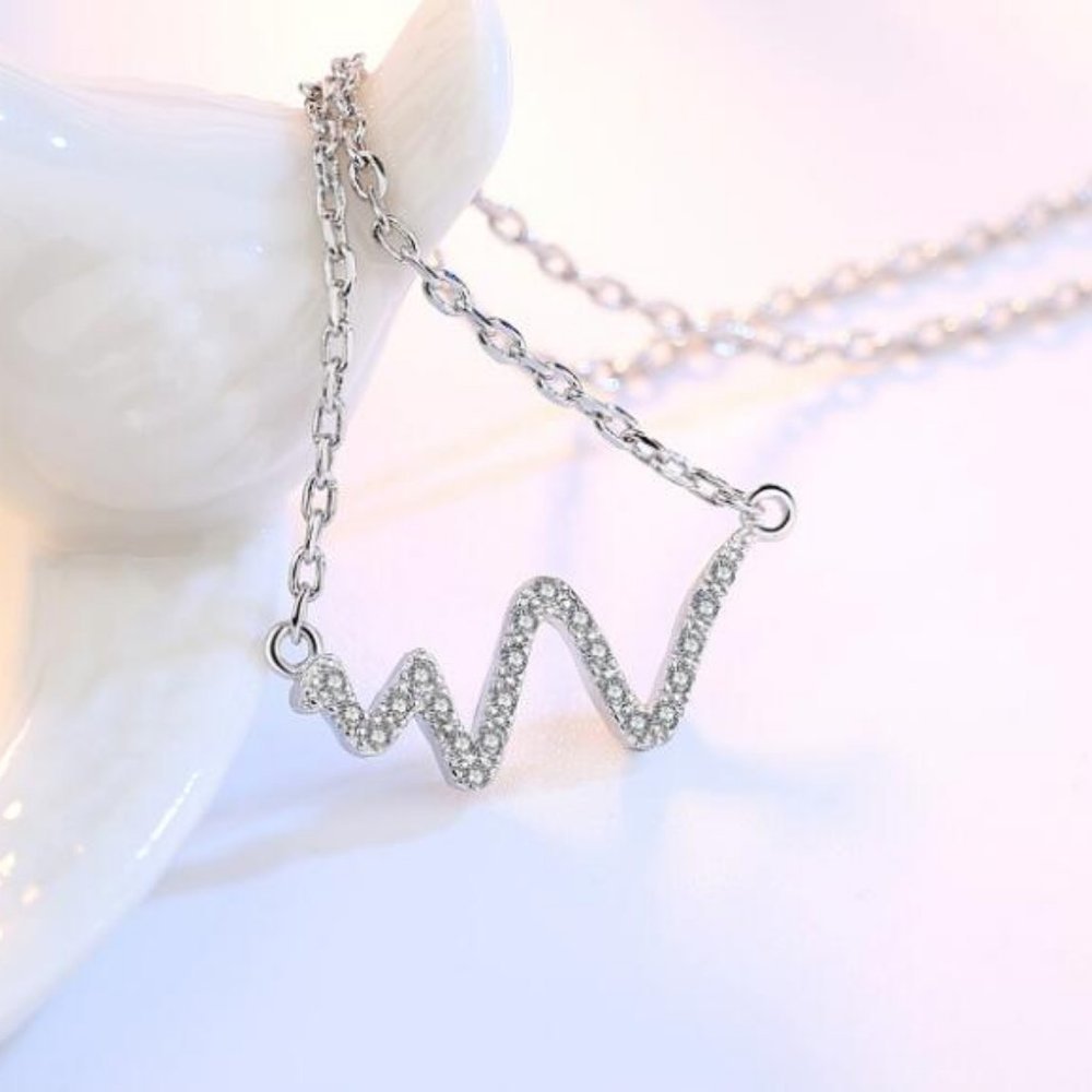 NEW 925 Sterling Silver Diamond Heartbeat Necklace - Picture 4 of 7